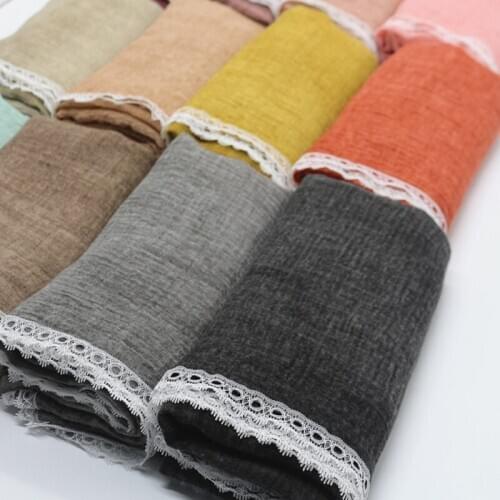 Hot sale fashion bubble plain solid soft foulard muslim hijab women scarf white lace borders luxury bandana wraps shawls 10pcs