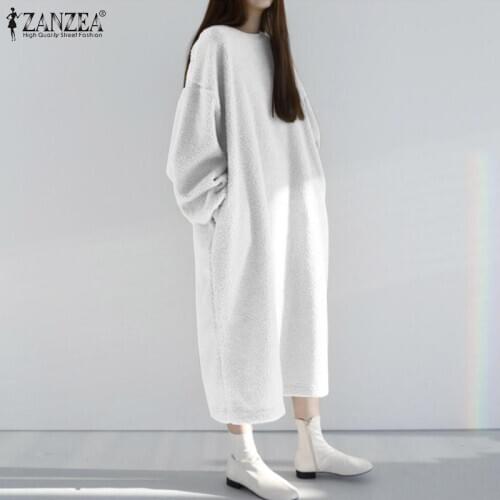 ZANZEA Winter Women h Dress Autumn O neck Long Sleeve Fleece Sweatshirt Dress Stylish Solid Vestido Kaftan Long Pullover
