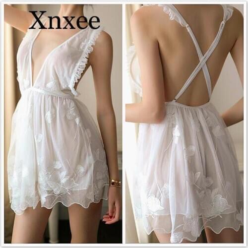 Girl backless Deep V low neck flower cute beautiful sexy White dress flowers perspective embroidery sleep summer