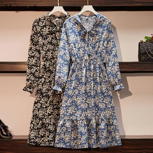 Autumn Spring 2021 Women Dress Printed Floral Bow Chiffon Dress Vintage Long Sleeved Elastic Waist Casual Dresses Vestido 15709