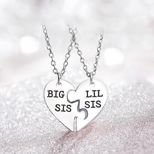 2Pcs Big/Lil Sis Letter Carved Split Heart Pendant Necklace Women Jewelry Gift Collier femme