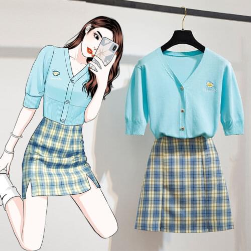 2020 Summer New Short-sleeved Sweater Top + High-waist Plaid Skirt Suit Two-piece Skirt