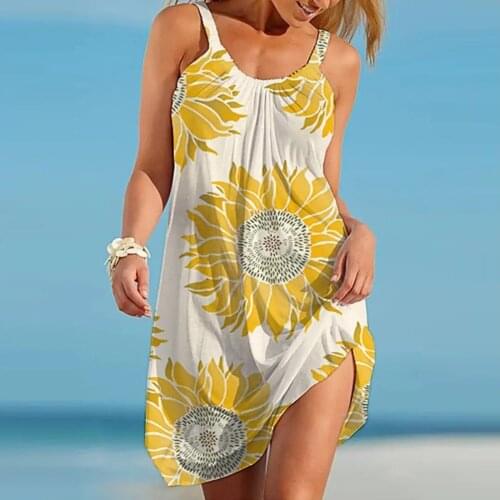 2021 Summer Bohemian Dress Women Vintage Printed Spaghetti Strap Sundress Lady Casual Loose Sleeveless Knee-length Beach Dress