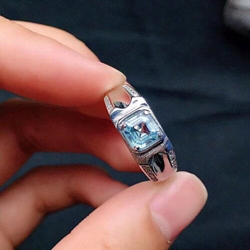 925 Silver Gemstone Man Ring 6mm Natural Aquamarine Ring for Man Fashion Sterling Silver Man Jewelry Gift for Boyfriend