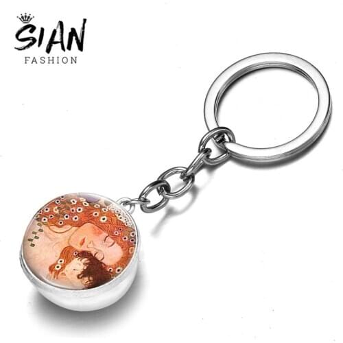 SIAN Gustav Klimt The Kiss Keychain Lovely Mother Baby Family Picture Glass Crystal Pendant Charm Alloy Key Chain Bag Trinkets