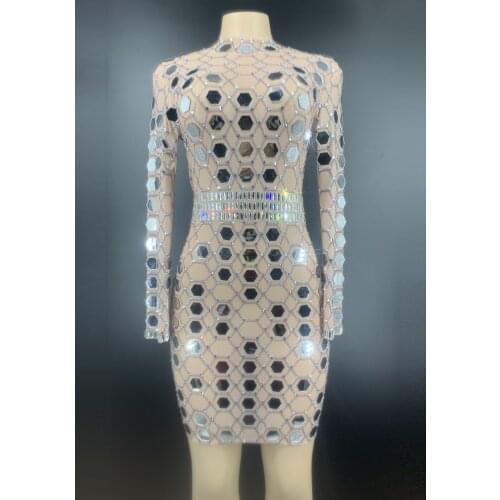 Shining Mirrors Transparent Short Dress long Sleeve Women Birthday Celebrate Prom Party Dress Sexy Bar Club Outfit Dance Costume