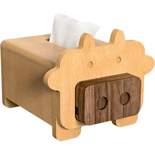 Wooden Cute Abstract Calf Cow Happy Piglet Organize Tissue Box With Cell Phone Holder Function