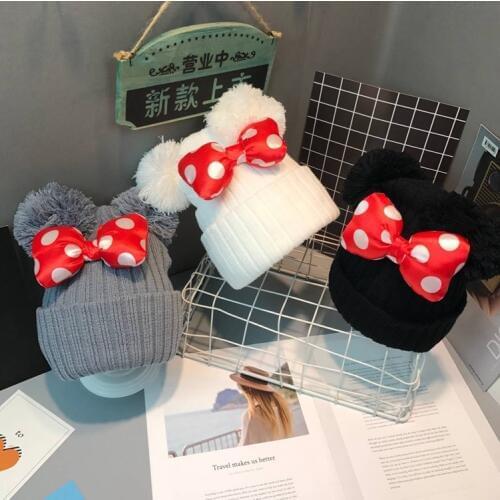 Childrens hat Bowknot Knitted hat baby boys and girls Beanie warm Cartoon Double Pompom Cap