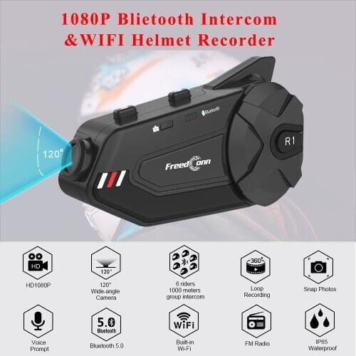 Freedconn Motorcycle Group Intercom Waterproof HD Lens 1080P Video 6 Riders Bluetooth FM Wifi Helmet Headset R1 Plus Recorder