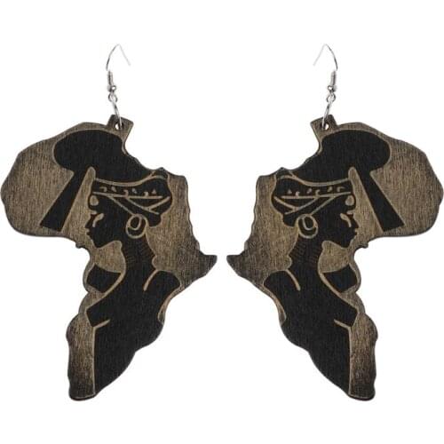 Natural Wood Africa Map Reggae Earrings Women Exaggerated Pendants Bib Jewelry