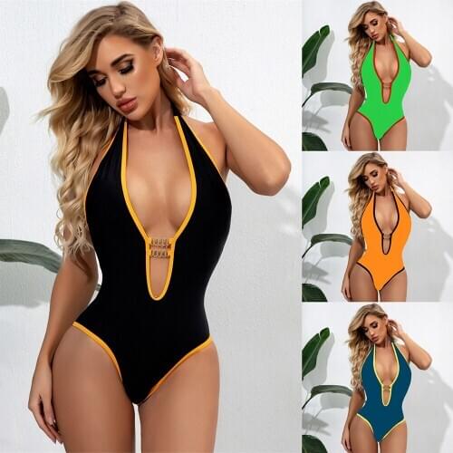 2021 New Solid Color One Piece Swimsuit Women Split Sexy Bikini European And American Fashion Beachwear Hot Spring Surfing Sport