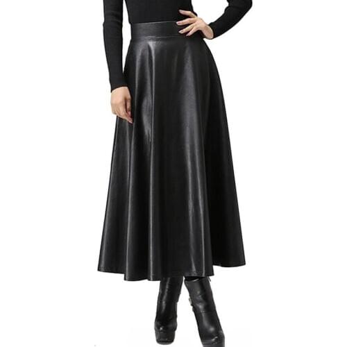 2020 autumn and winter womens new retro high waist pu leather skirt mid-length A-line skirt black all-match skirt