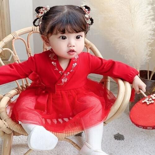 Autumn Clothing New Baby Hanfu Romper Baby Girl Jumpsuit Little Princess Lace Embroidery Dress 0-2 Year Old