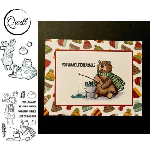 QWELL Fatty Bear Elf Figure Cutting Dies and Clear Stamps Fish Leaves Curling DIY Scrapbooking Craft Paper Album Cards 2021
