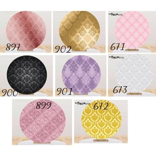 Pink Grey Yellow Damask Photo Background Birthday Party Decoration Round Photography Backdrops Covers Photocall Baby Shower