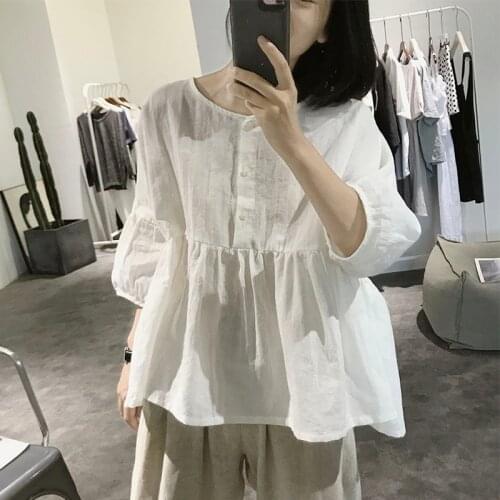 Cotton Linen White Women Shirt Solid Loose Vintage O-Neck Half Sleeved Casual Female Outwear Tops