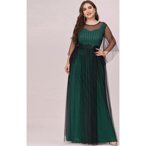 O-Neck Evening Dress Embroidery Lace Pleat Full Sleeves Elegant A-Line Sequins Floor-Length Plus Size Women Formal Gowns D1011