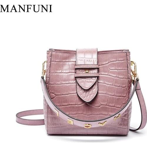 New Crocodile 100% Genuine Leather Bucket Bag Women Handbag Letter Female Shoulder Bag Two Straps Crossbody Messenger Bag Bolsa