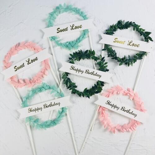 Leaf Wreath Cake Topper Cupcake Toppers Happy Birthday Party DIY Cake Top Flags Decoration Baby Shower Wedding Party Cake Decor