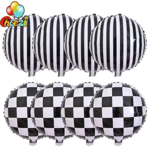 8pcs 18inch Black White Square Stripe Foil Balloons Racing Car Theme Round Helium Ballon Birthday Party Decorations Kids Toys