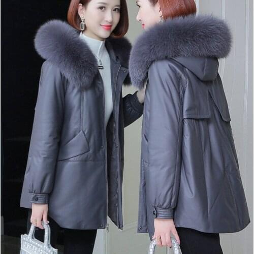 2021 Autumn Winter Fashion Faux Fox Fur Collar Hooded Coats Female PU Leather Parkas Ladies Warm Cotton-padded Jackets Y417