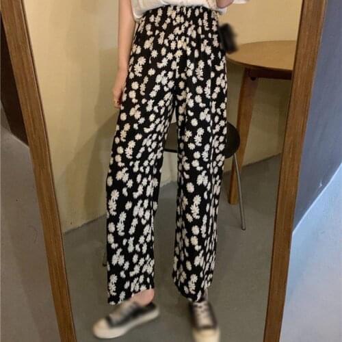 Womens Cottagecore Pants Summer Wide Leg Little Daisy Printed Nine Points Casual All-Match High Waist Straight Tousers Indie