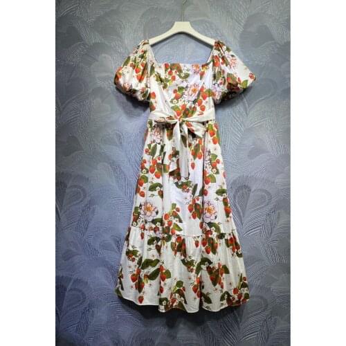 Square Neck Floral Printed Women Ball Gown Dress Summer Puff Sleeves Elastic Chest EElegant White Dresses Vestidos