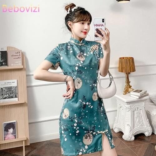 Bebovizi M-3XL 2021 New Green Summer Fashion Slim Modern Cheongsam Dress Women Short Sleeve Qipao Traditional Chinese Clothes