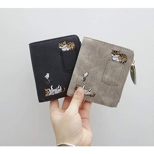 2021 Women Purse Cat Flowers Pattern Hasp Short Wallet Womens Cute Animals Embroidery Short Wallet Card Holder Billfold Purse