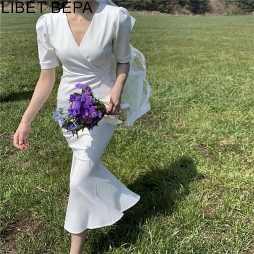 2021 New Women Summer Dresses Casual V-Neck Puff Sleeve High Waist Trumpet Sexy Fashionable Elegant Lace Up Long Dress DR3069