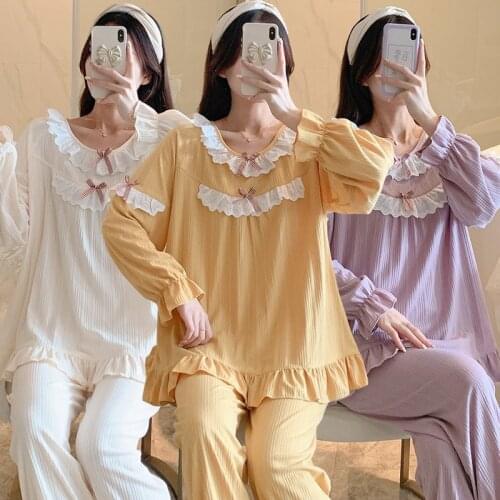 2021 New Autumn Cotton Sweet Lace Princess Pajama Sets for Women Long Sleeve Sleepwear Suit Pyjama Homewear Pijama Mujer Clothes