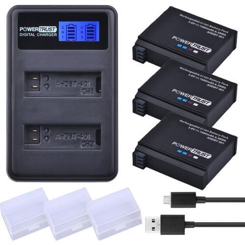 Powertrust 3PCS for Gopro Hero4 AHDBT-401 Li-ion Battery + LCD Display Dual USB Charger for Gopro Hero4 HD Camera P0019279