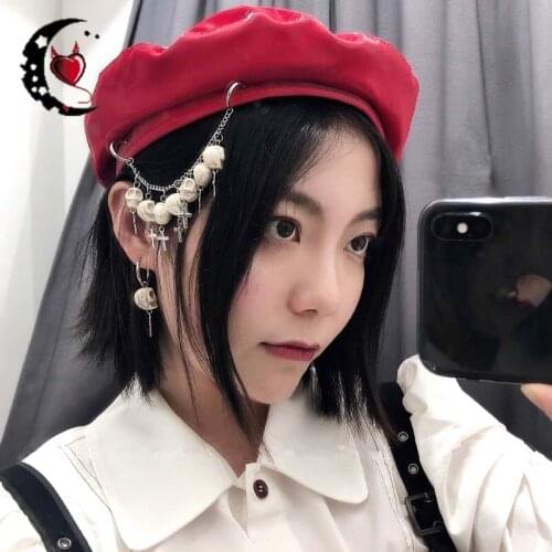 Gothic Skull Chain Y2k Cool Girl Beret Hat Punk Spring Summer Woman Fashion Solid Color PU Berets