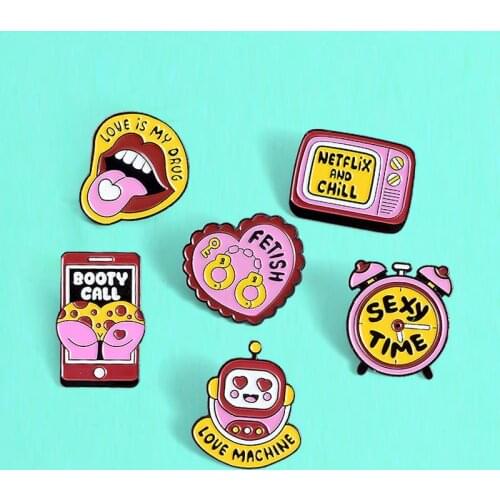 Lovely Lips Television Heart type Robot alarm clock mobile phone Enamel Pins Brooch for kids Red pink series Broche jewelry