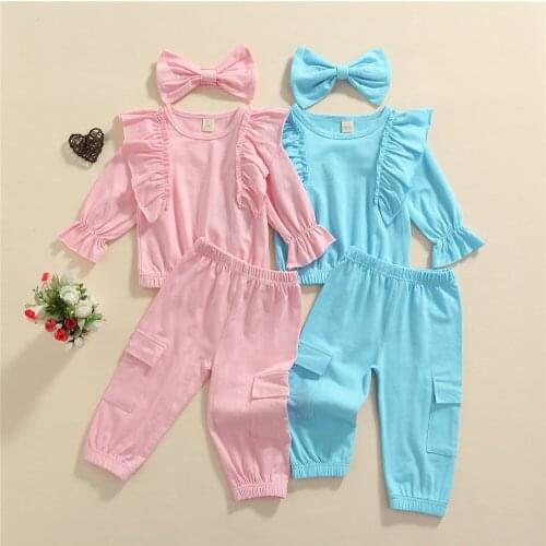 1-5Y Infant Kids Baby Girls 3Pcs Clothes Set Ruffled Flare Long Sleeve Shirt Pocket Pants Headband Solid Spring Autumn Outfits