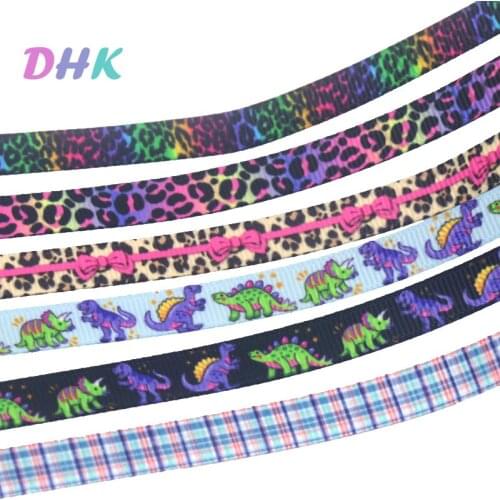 DHK 3/8'' 50yards Leopard Dinosaur Grid printed grosgrain ribbon Accessory hairbow headwear DIY 9mm Decorations S1554