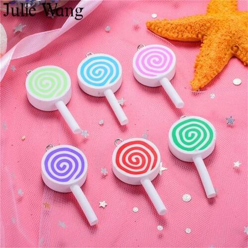 Julie Wang 10PCS Polymer Clay Lollipop Candy With Hook Slime Charms Pendants Phone Decoration Findings Jewelry Making Accessory