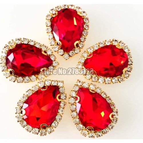 Red color Gold bottom faltback sew on Crystal button,high quality Glass Crystal loose rhinestones7x10mm 10x14mm 13x18mm 18x25mm