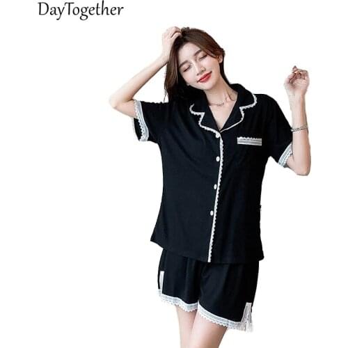 Summer Cotton Pajamas For Women Casual Lace Short Sleeve Shorts Ladies Sleepwear Color Black Pink Woman Two-Piece Suit Nightgown