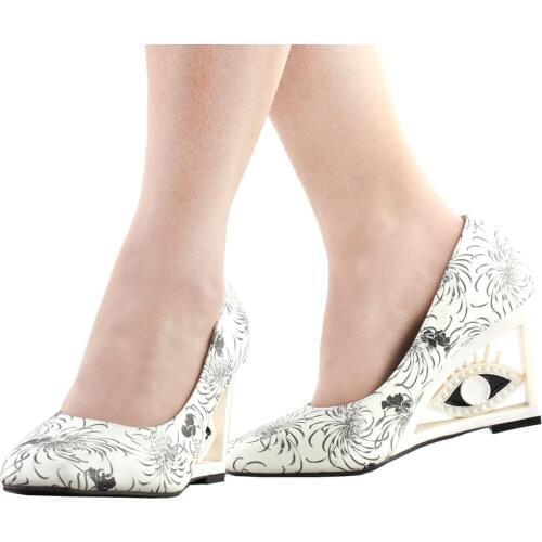 SHOW STORY Vintage Two Tone Floral Pattern Square-Toe Wedge Eye Shape High Heels Pumps