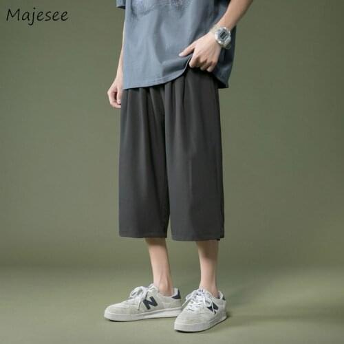 Men Casual Pants Calf-length Loose Wide Leg Summer Breathable Trousers Ice Silk Draped High Street Fashion Fitness Male Bottoms