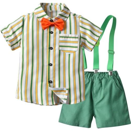 Boys Outfit Summer Toddler Kids Clothes Children Sets Cotton Striped Shirt with Red Bow + Green Shorts 4 PCS Fashion Costume
