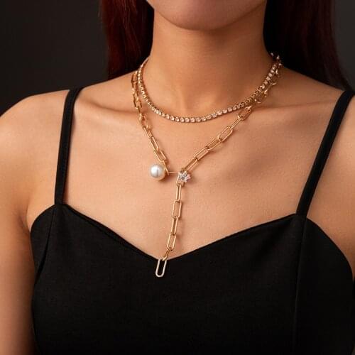 Origin Summer Double Layered Full Spark Rhinestone Chokers Necklace for Women Gold Color Chunky Chain Necklace Simple Jewelry