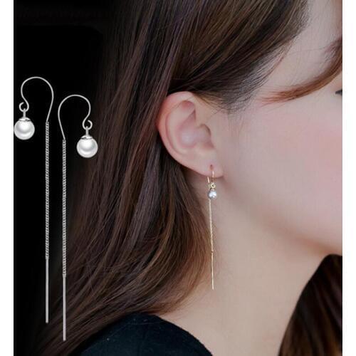 Simple 925 Sterling Silver Earrings Women Jewelry Cute/Romantic Pearl Long Tassel Gold Ear Line Girl Anniversary Accessories