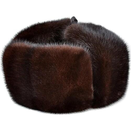 LUXURY Winter Thicked Genuine Mink Fur Bomber Hat For Man Black/Brown Tag Elderly Ear Warm Chapeau Motorcycle Russian Caps Gift