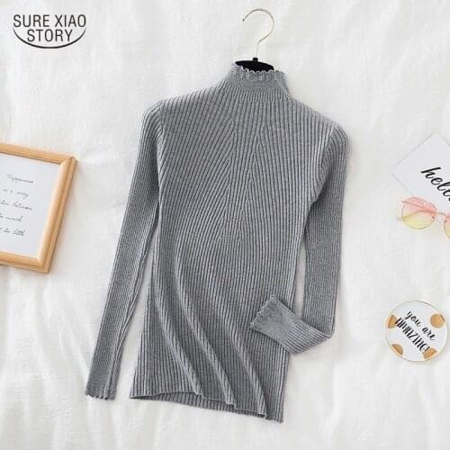 2021 Autumn All Match Soft Bottom Shirt Slim Korean Sweater Knitted Casual Pullover Solid Long Sleeve Ruffle Sweater Women 17038