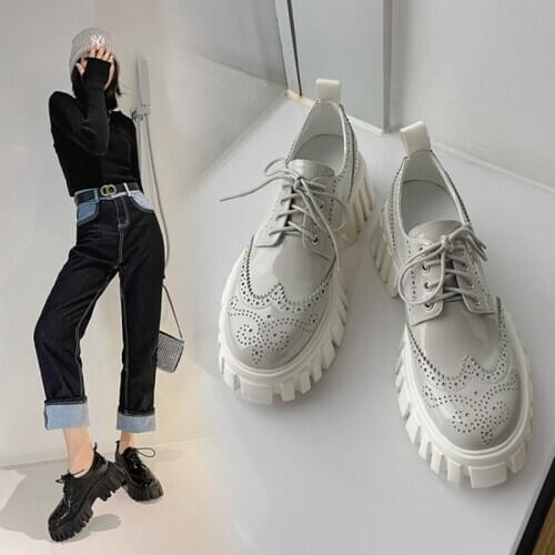 Spring/Autumn Women Shoes Round Toe Lace-up Genuine Leather Flats Ladies Shoes 6CM Platform Casual Shoes for Woman Brogues