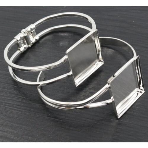 High Quality 25mm Silver Plated 2 types Square Bangle Base Bracelet Blank Findings Tray Bezel Setting Cabochon Cameo