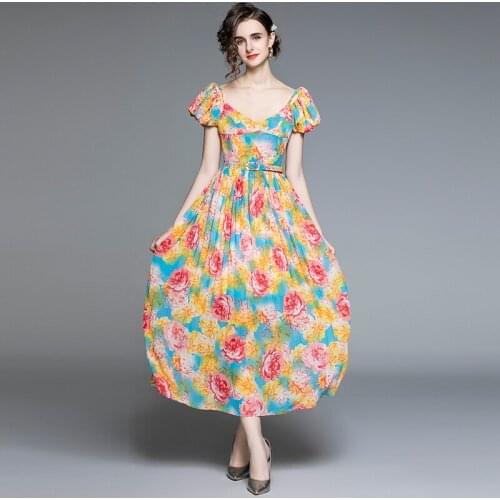 WTIANYUW Women Summer Elegant Pleated Dress Festa High Quality Long Vintage Party Robe Femme Floral Designer Chiffon Vestidos
