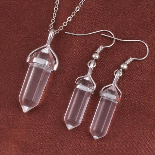 YJXP Classic Silver Plated Small Hexagon Column Pillar Pendant Link Chain Necklace Rock Crystal Earrings for Women Jewelry Sets